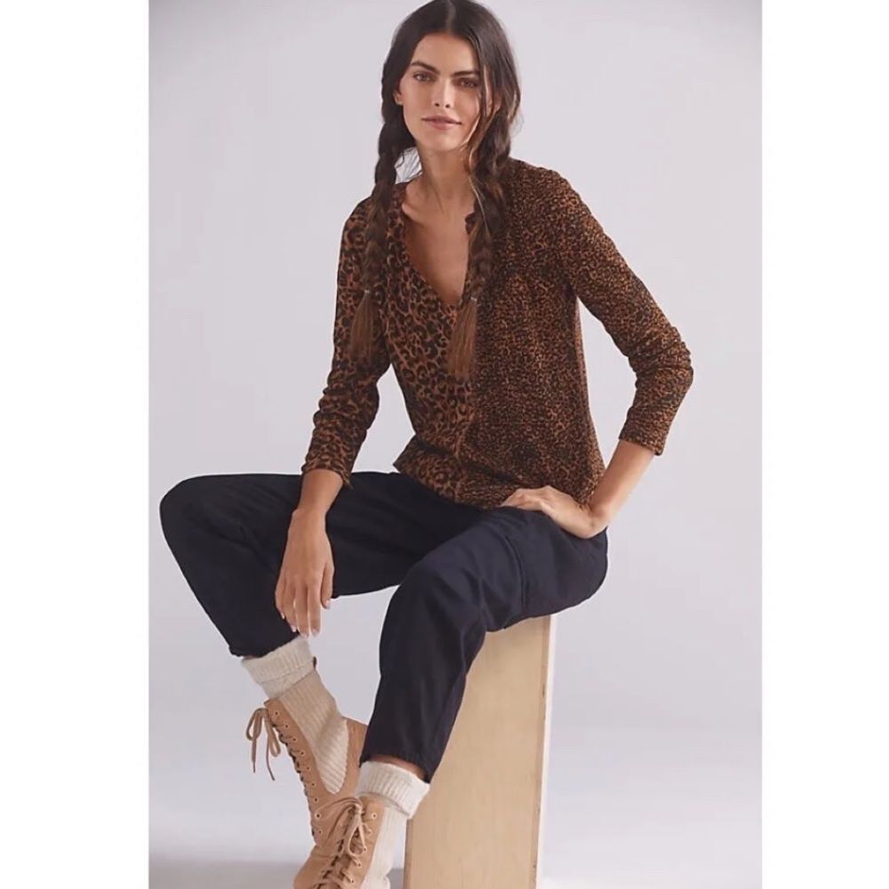 Anthropologie Pilcro Animal Print Leopard Split Neck Waffle Knit Thermal Top.
